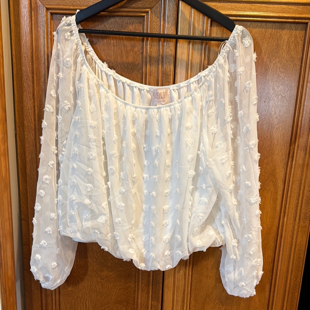 NEW - Francesca’s Cream Ruffled Relaxed Blouse Sheer Sleeves - Size XL